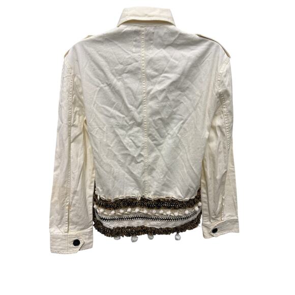 Zara Womens SZ S Jacket white brown emblished seashells tassels button beach - Picture 4 of 7